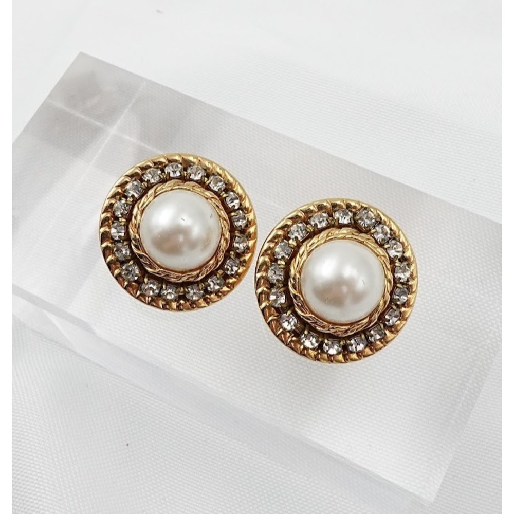 Vintage Rhinestone Halo Button Earrings Gold Tone Faux Pearl Dome Stud 80s Glam